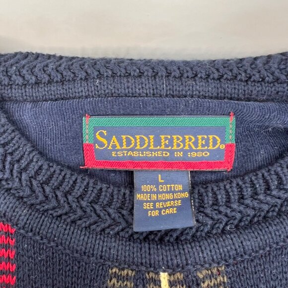 Saddlebred Mens Vintage Plaid Sweater Navy Red Yellow 100% Cotton Size L - Picture 4 of 4